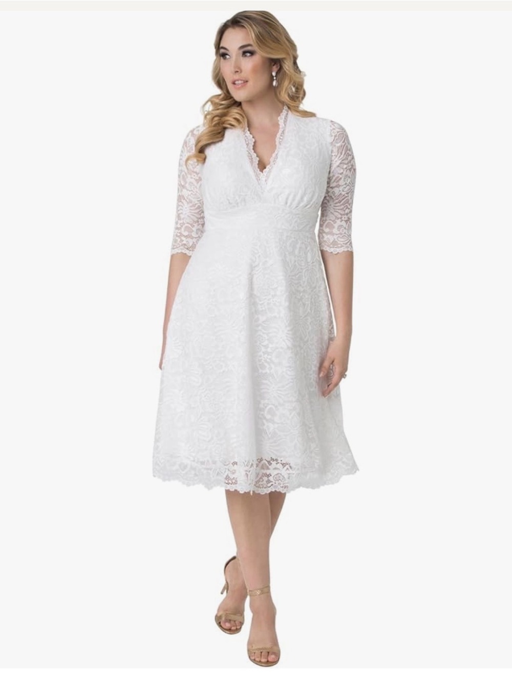 85. Kiyonna • NWT Lace A-Line Dress Three-Quarter Sleeves PTP18-22” ivory 10/12
